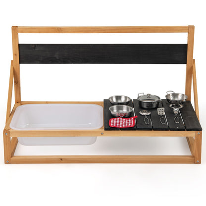 A close up of the wooden pretend play kitchen with accessories