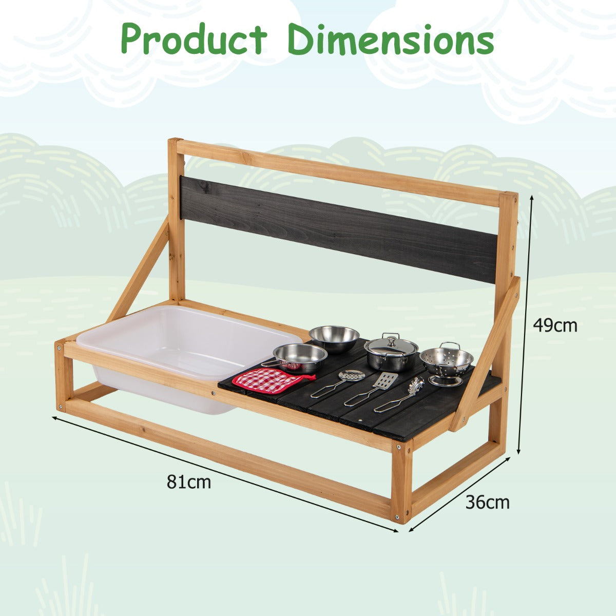 A diagram showing the dimensions of the wooden play kitchen
