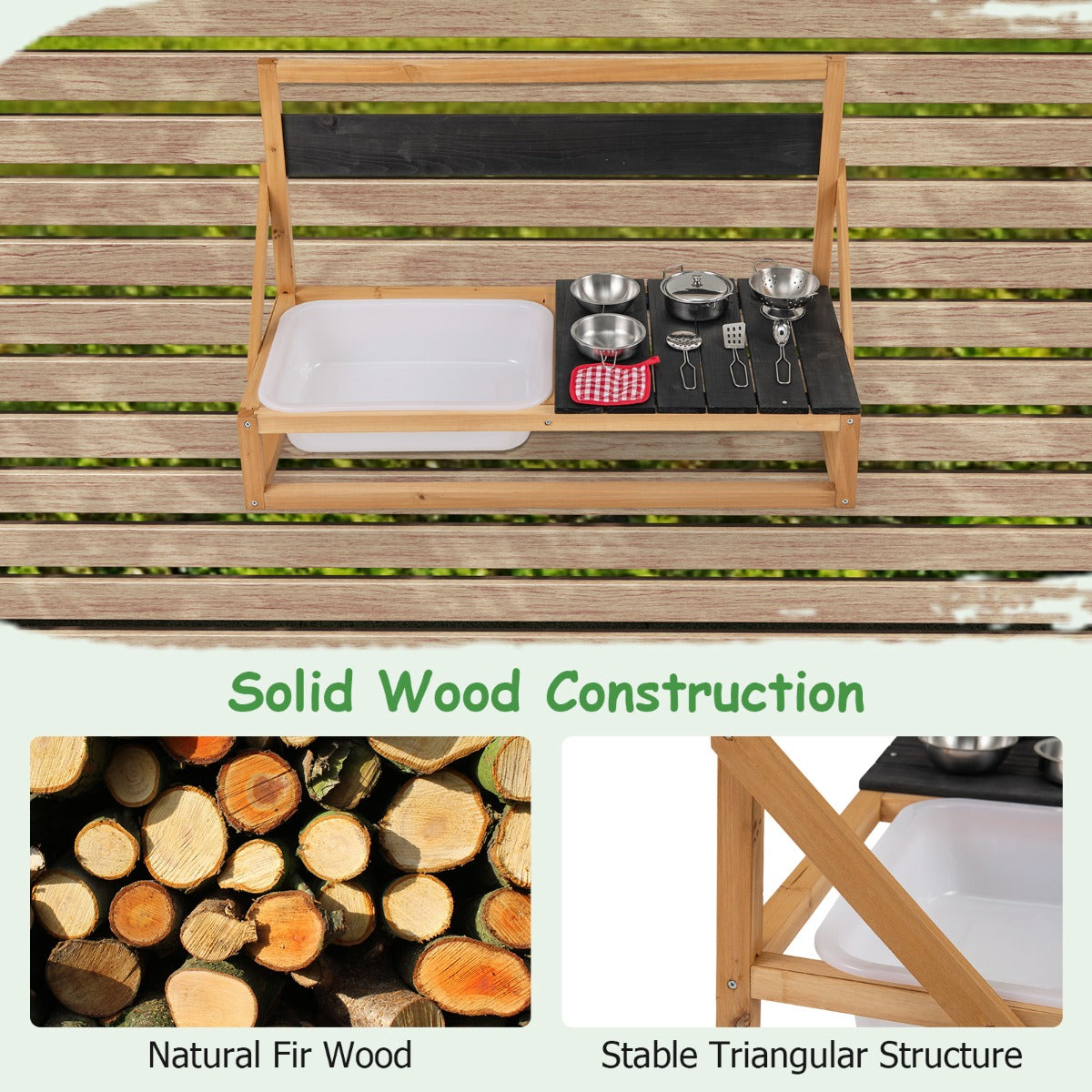 A collage showing the solid wood construction and structure of the play kitchen