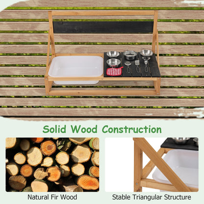 A collage showing the solid wood construction and structure of the play kitchen