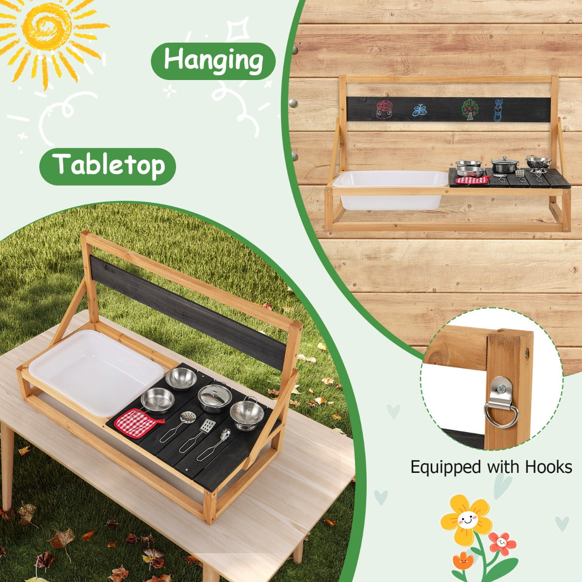 A collage showing the tabletop and hanging hooks of the play kitchen