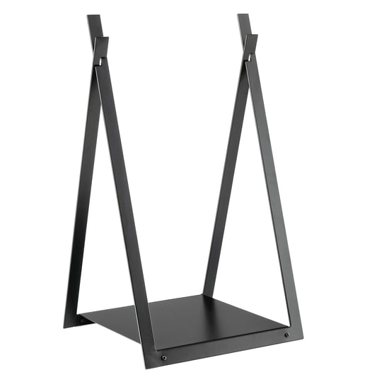 Firewood Log Rack with Solid Bottom Panel-Black, a black metal log holder with a solid base and two upright supports