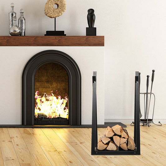 The firewood log rack holding logs next to a fireplace