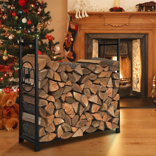 The log storage filled with firewood in a cosy room with a Christmas tree and fireplace