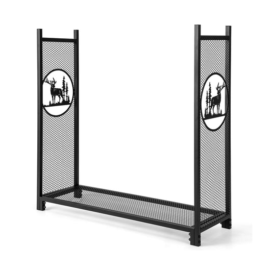 Firewood Rack Stand with mesh sides and deer tree patterns, a black metal frame with decorative deer cutouts
