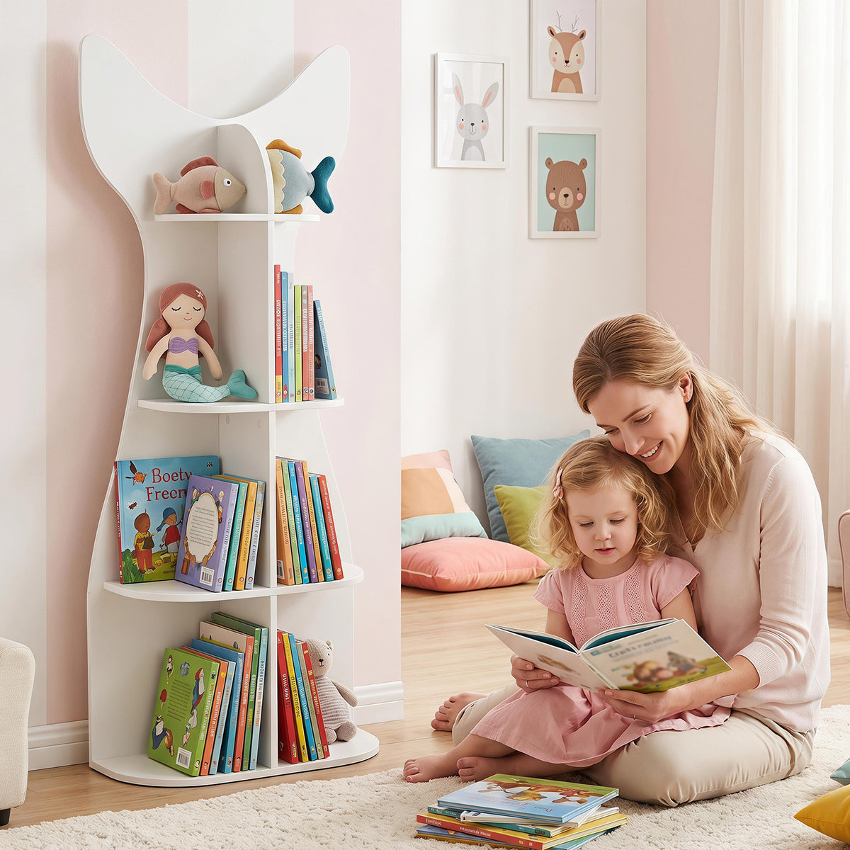 A woman and child reading books next to the white fish-shaped kids bookshelf