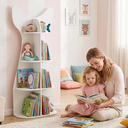 A woman and child reading books next to the white fish-shaped kids bookshelf