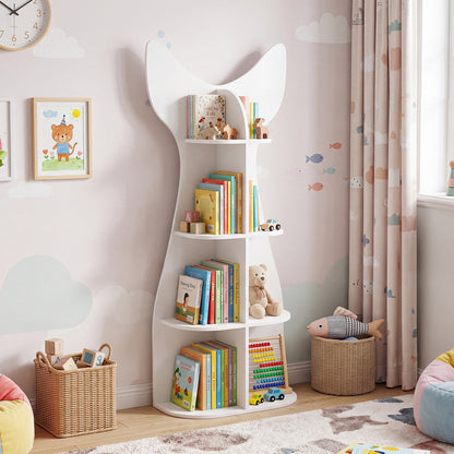 The white bookshelf displayed in a nursery with colourful books and toys