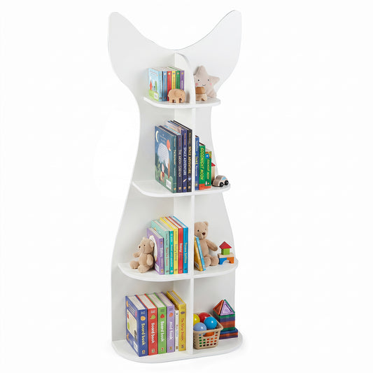 Fish-Shaped Kids Bookshelf with Open Shelves for Playroom filled with books and toys