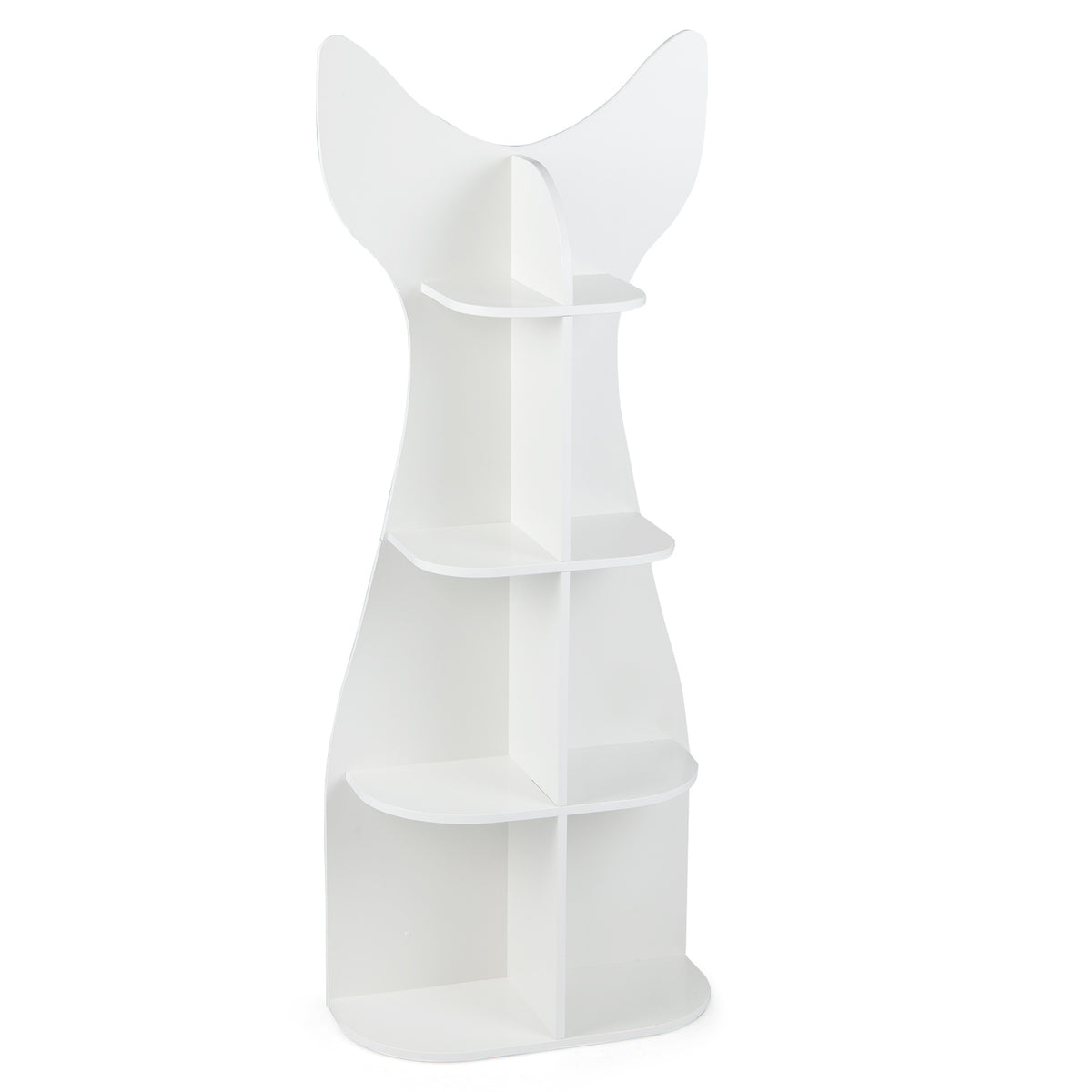 The white fish-shaped kids bookshelf shown from the back with open shelves