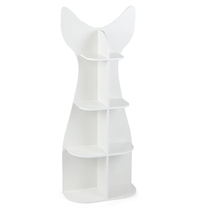 The white fish-shaped kids bookshelf shown from the back with open shelves