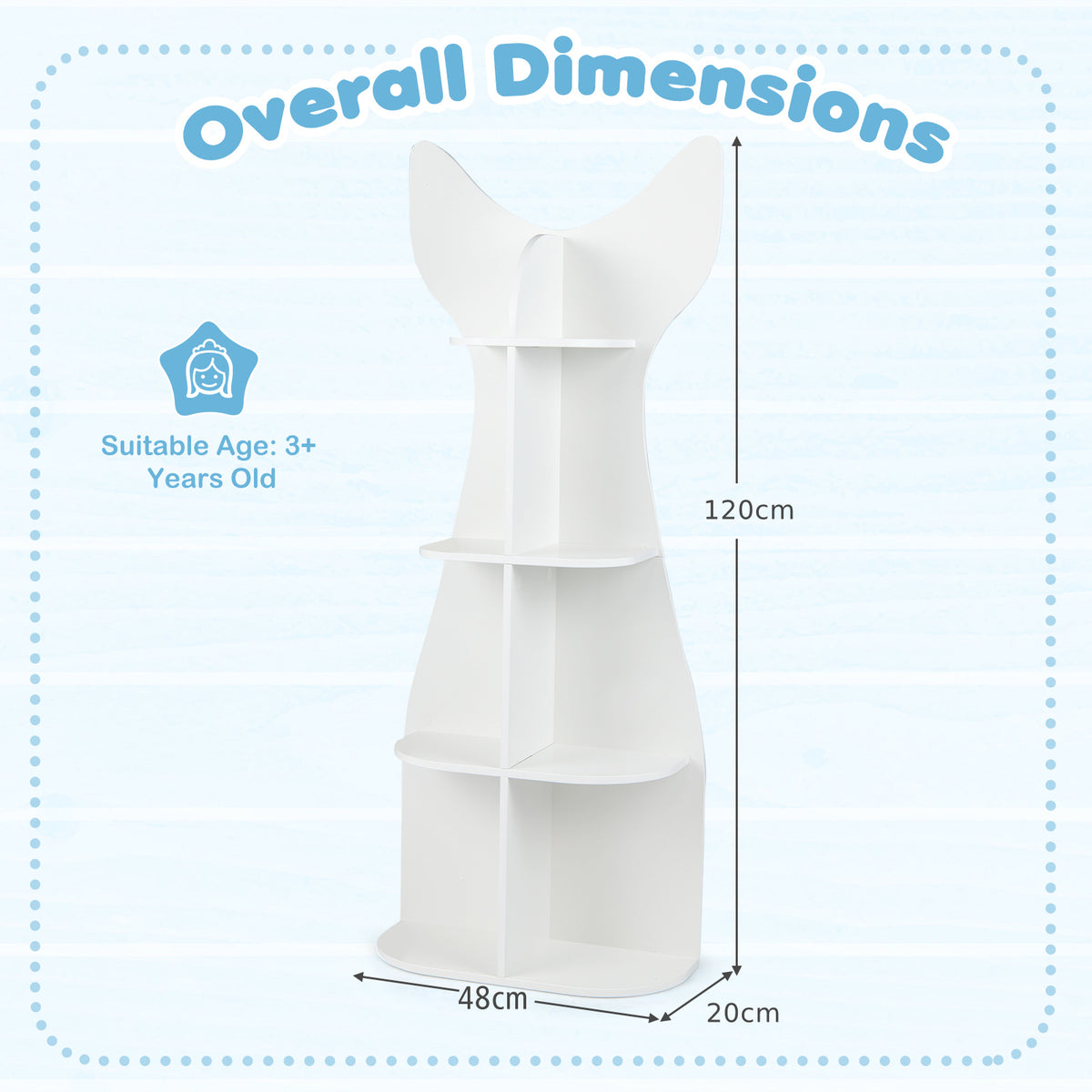 Dimensions diagram of the white fish-shaped kids bookshelf showing height and width