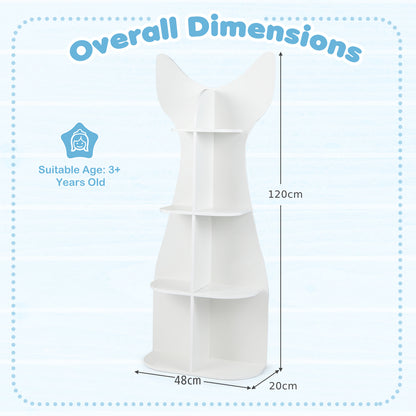 Dimensions diagram of the white fish-shaped kids bookshelf showing height and width