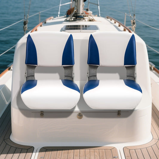 Two blue and white fishing boat seats installed on the back of a white boat deck