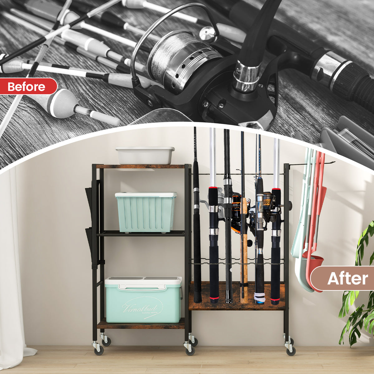 Comparison of fishing rod storage before and after using the fishing rod holder