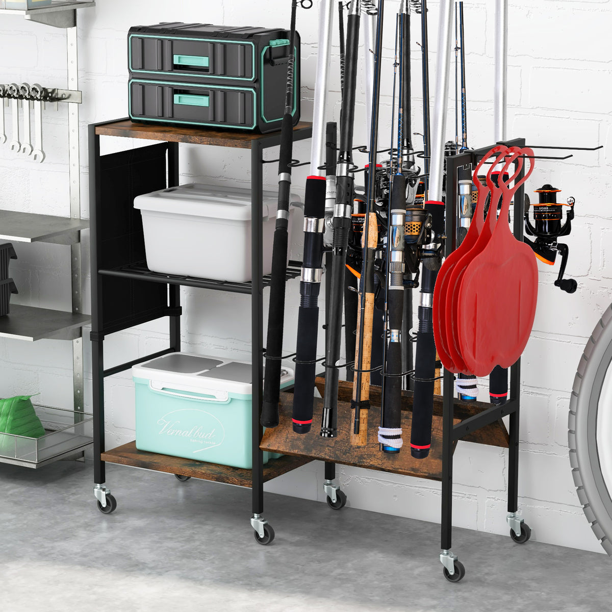 The camping furniture is shown in a garage setting with fishing rods and tackle boxes