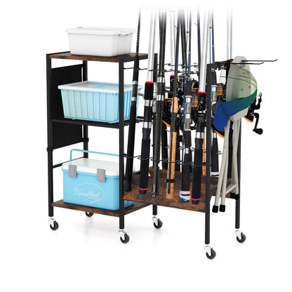 Fishing Rod Holder with Lockable Universal Wheels showing storage shelves and rod slots