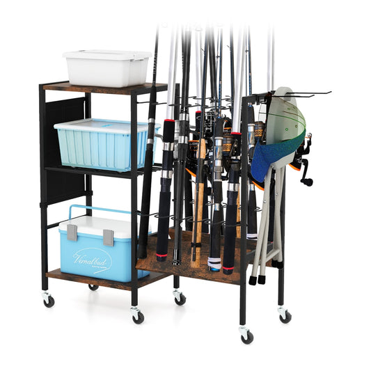 Fishing Rod Holder with Lockable Universal Wheels showing storage shelves and rod slots