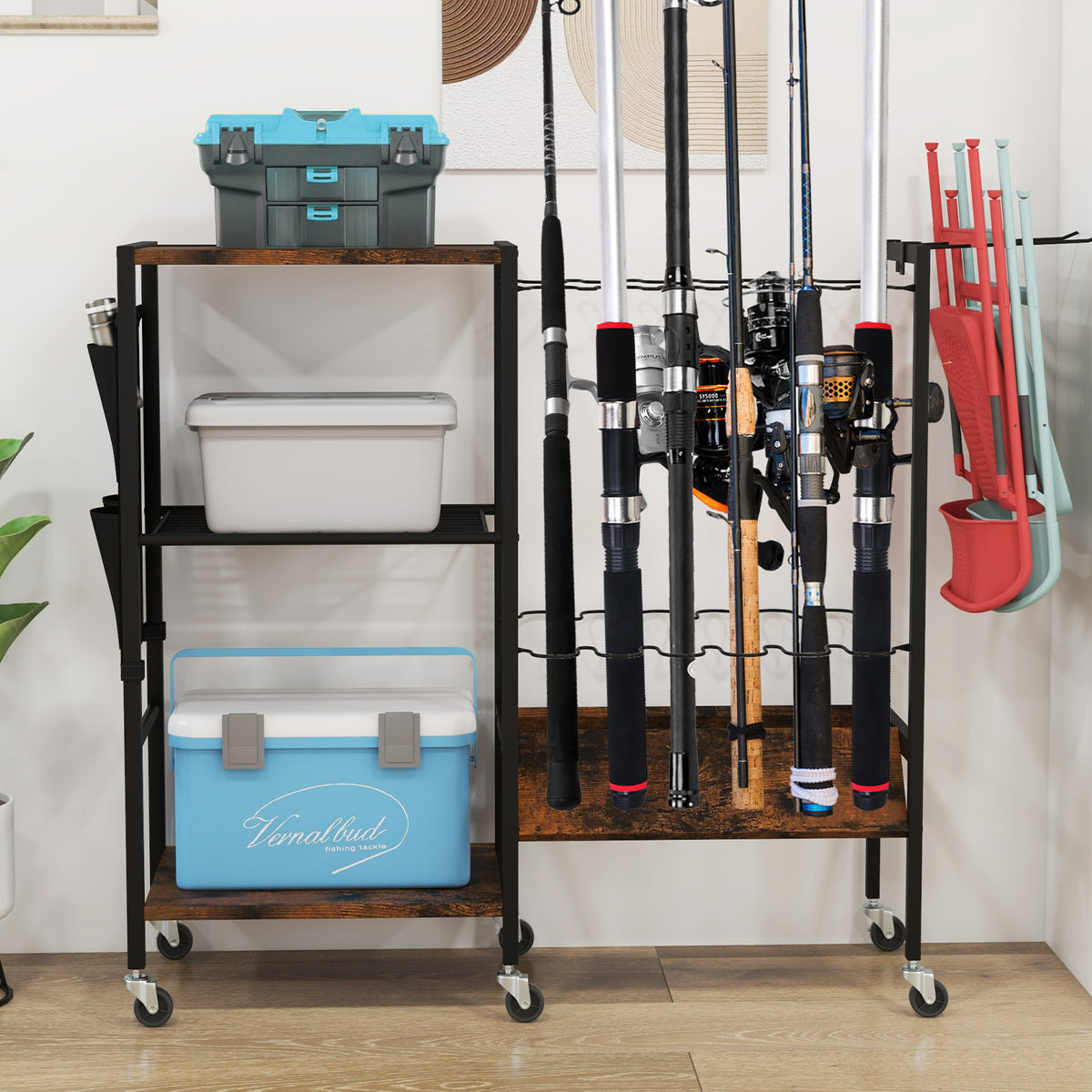 The fishing rod holder is displayed with various fishing rods and accessories