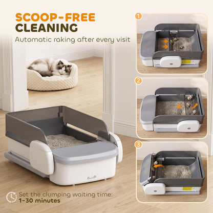PawHut Self Cleaning Cat Litter Tray, Open-Top Automatic Litter Box with APP Control, Clumping Rake, 10L Waste Bin
