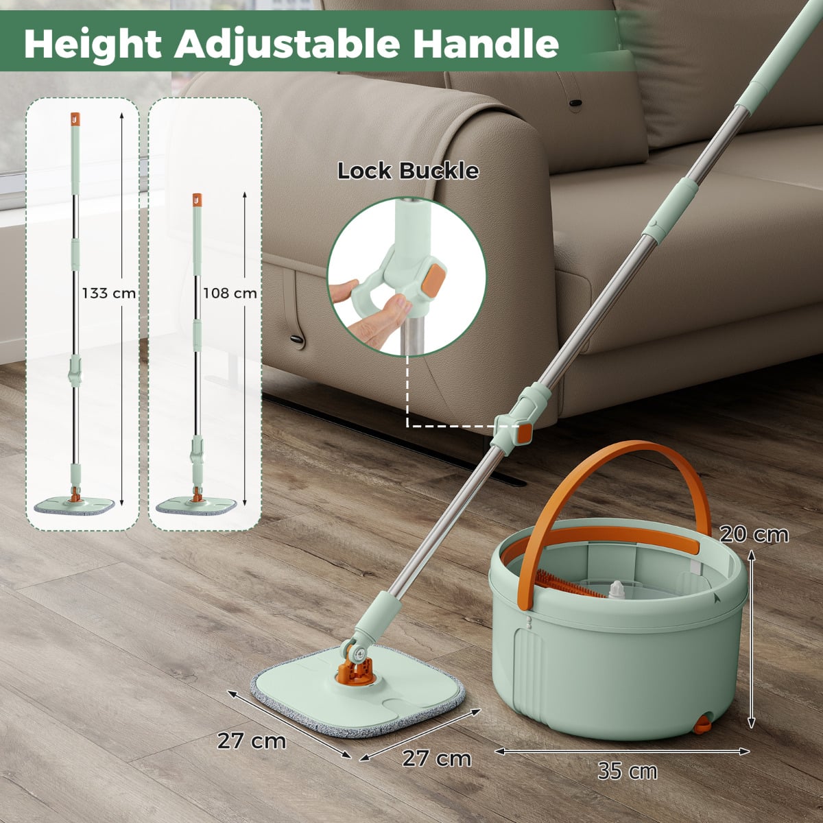 Flat Floor Mop and Bucket System with Washable Microfiber Pads-Green