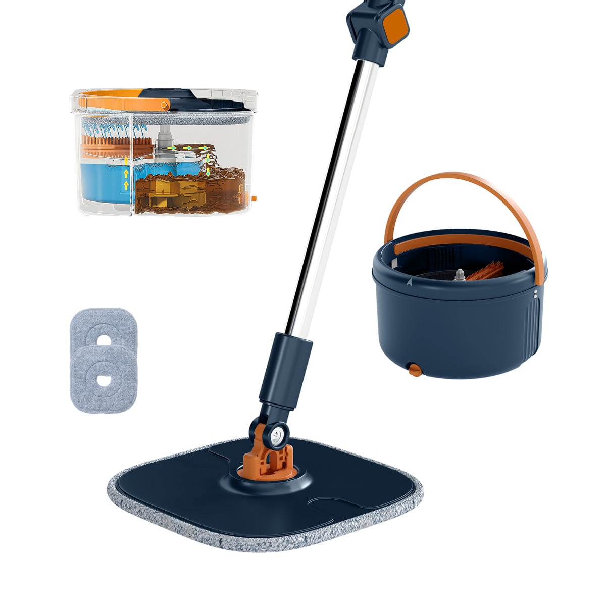 Flat Floor Mop and Bucket System with Washable Microfiber Pads-Navy
