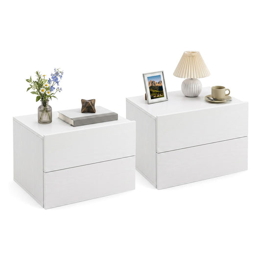 Floating Nightstand Set of 2 with Storage Drawers for Small Space-White, two white bedside tables with drawers