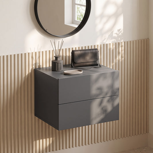 Grey wall mounted nightstand with storage drawers in a living room setting