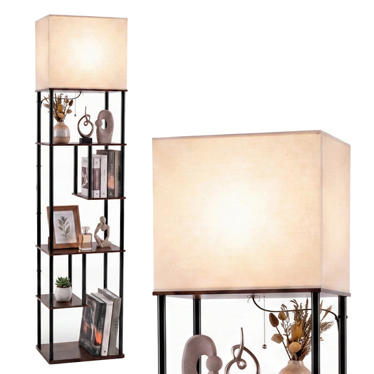 Floor Lamp with Shelves 5-Tier Industrial Shelf Lamp with linen fabric shade and dark wood effect shelves