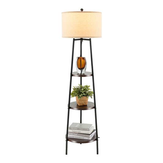 Floor Lamp with Shelves Linen Lampshad and Chain Switch, a tall lamp with a linen shade and three shelves