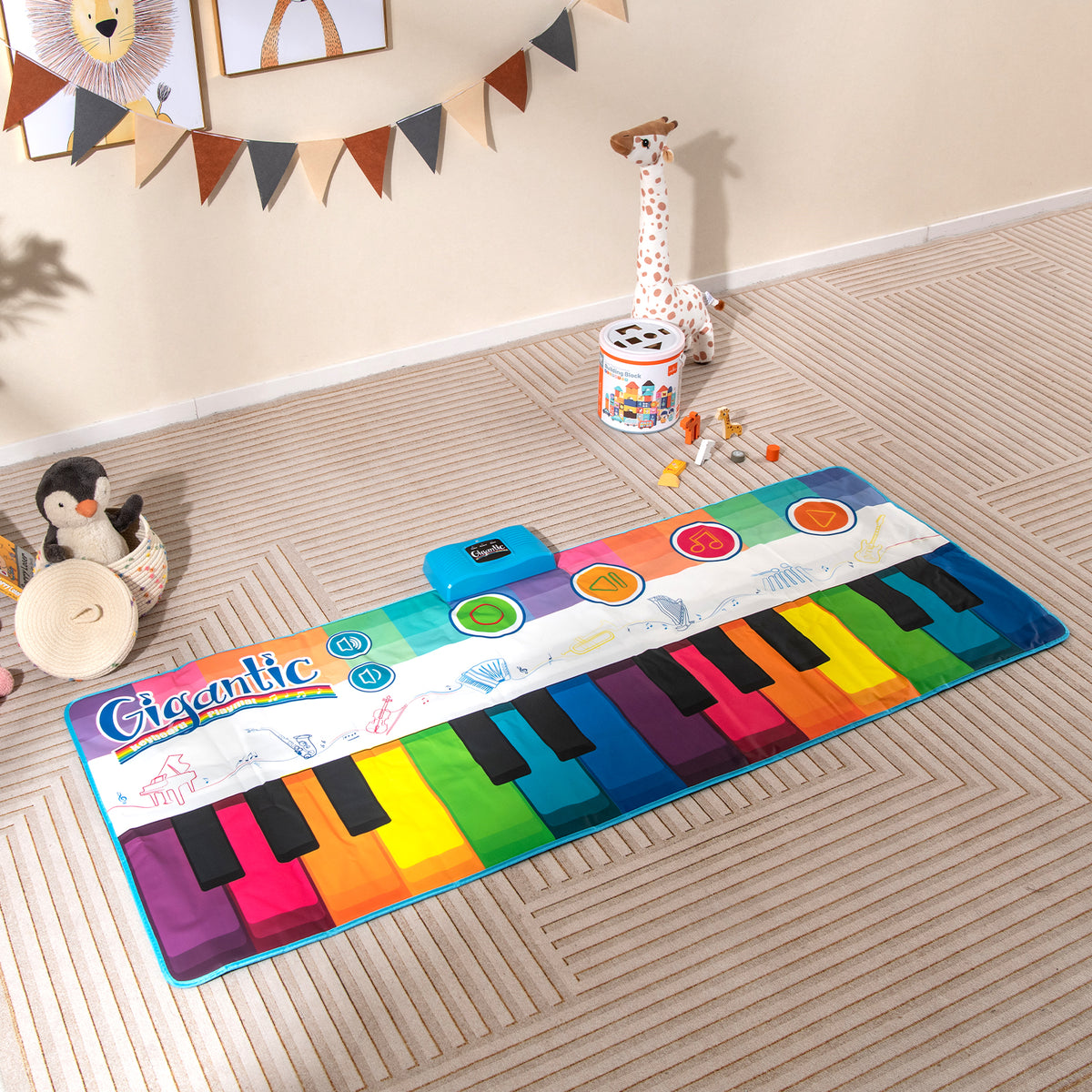 The musical floor mat laid out on a carpeted floor in a child's bedroom with toys nearby