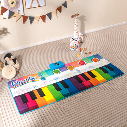 The musical floor mat laid out on a carpeted floor in a child's bedroom with toys nearby