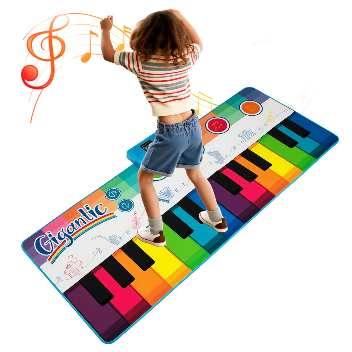 A child jumping on the musical floor mat with colourful musical notes floating in the air