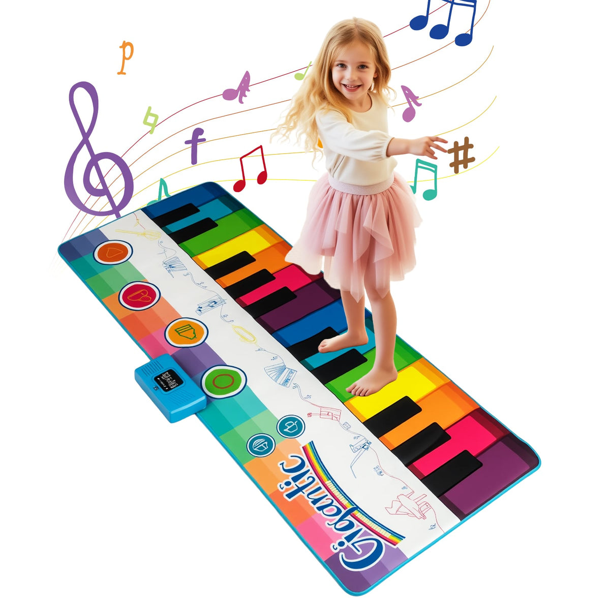 Floor Piano Dance Mat with a young girl standing on the colourful keys and musical notes floating around
