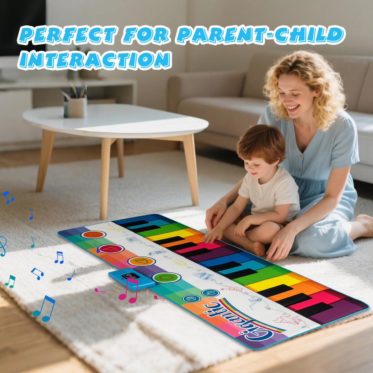 A mother and her young son sitting on a rug and playing together on the musical floor mat
