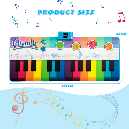 The musical floor mat shown with dimension lines indicating its length and width on a blue background