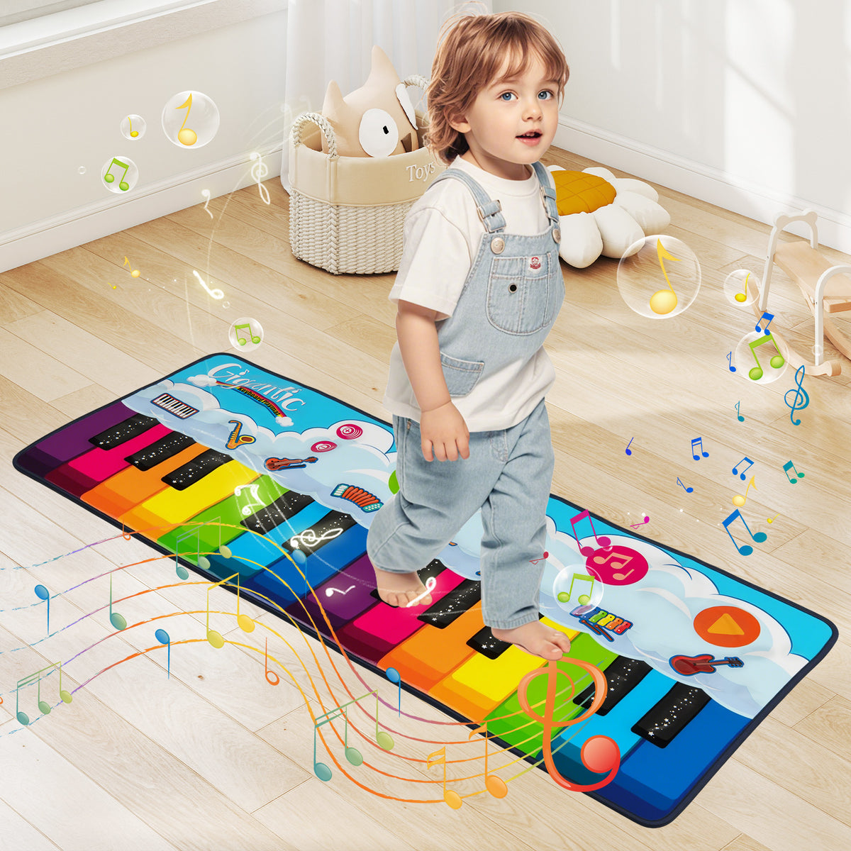 The musical dance mat laid on a wooden floor with a child walking across the piano keys