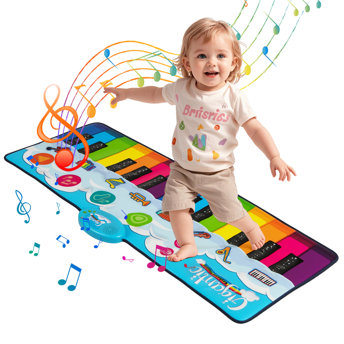 Floor Piano Dance Mat with a toddler standing on the colourful keys and musical notes floating