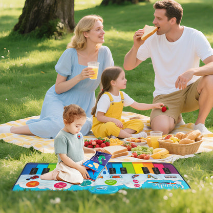 The electronic floor mat being used by a young child sitting on a picnic blanket in a park