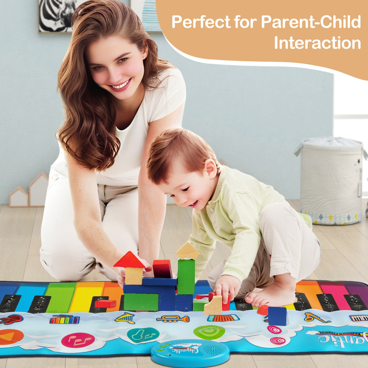 The electronic floor mat with a mother and child playing with building blocks on top of it