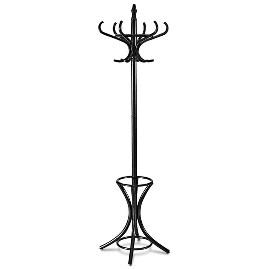 Floor standing hat coat wood hanger w/ umbrella rack, a tall black coat stand with a circular base and multiple hooks