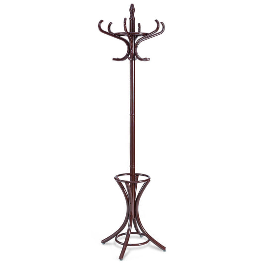 Floor standing hat coat wood hanger w/ umbrella rack in mahogany finish
