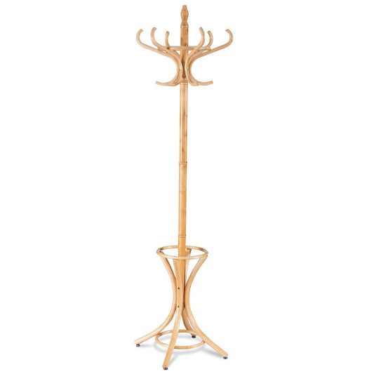 Floor Standing Hat Coat Wood Hanger w/ Umbrella Rack in a light oak finish on a white background