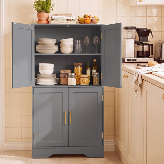 The grey storage cabinet in a kitchen setting, with its doors open displaying items
