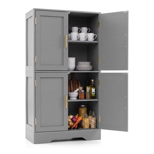 Floor Storage Cabinet with four doors and two adjustable shelves, shown open with contents