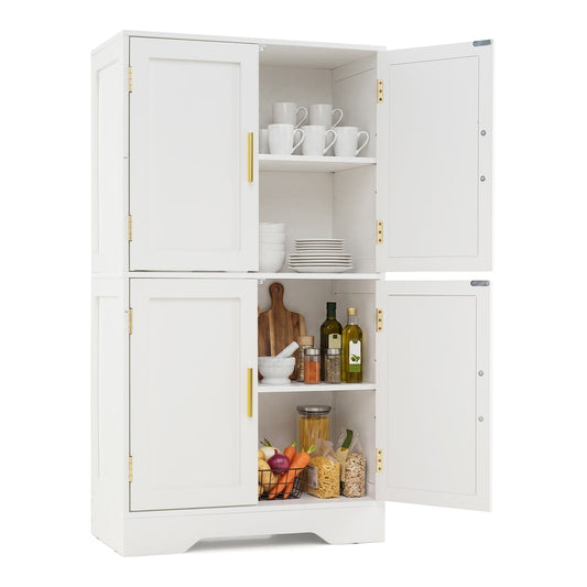 Floor Storage Cabinet with four doors and two adjustable shelves, shown open with items inside