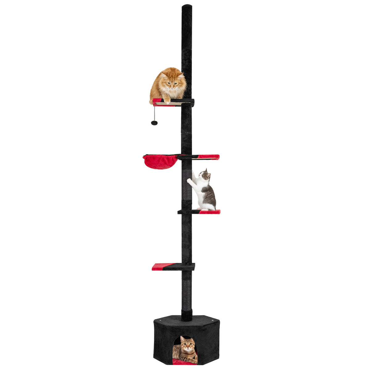 Floor to Ceiling Gothic Cat Tree 245-300 CM Adjustable with multiple levels and a cat house at the base