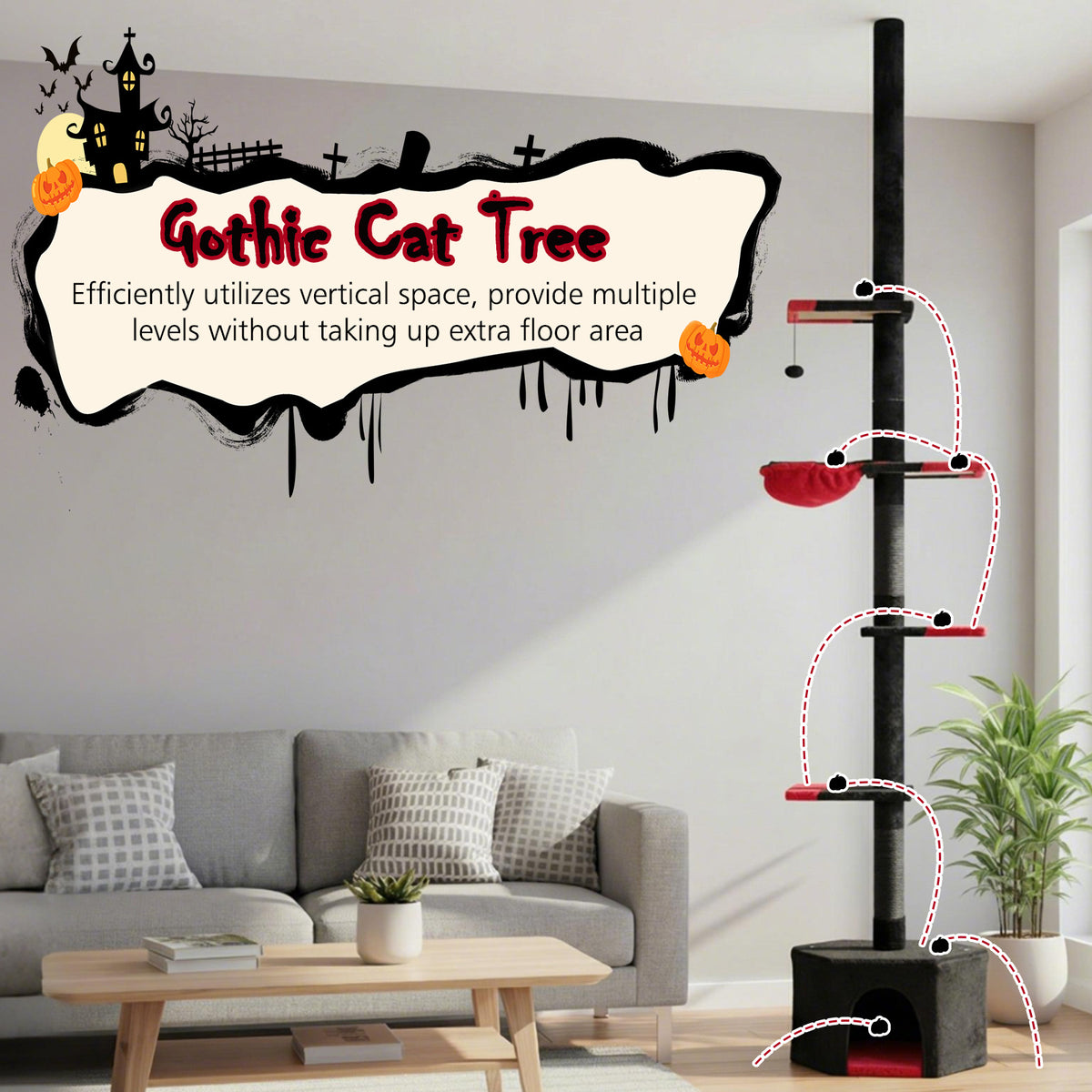 Gothic cat tree with multiple levels and platforms, designed to save floor space