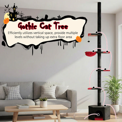 Gothic cat tree with multiple levels and platforms, designed to save floor space