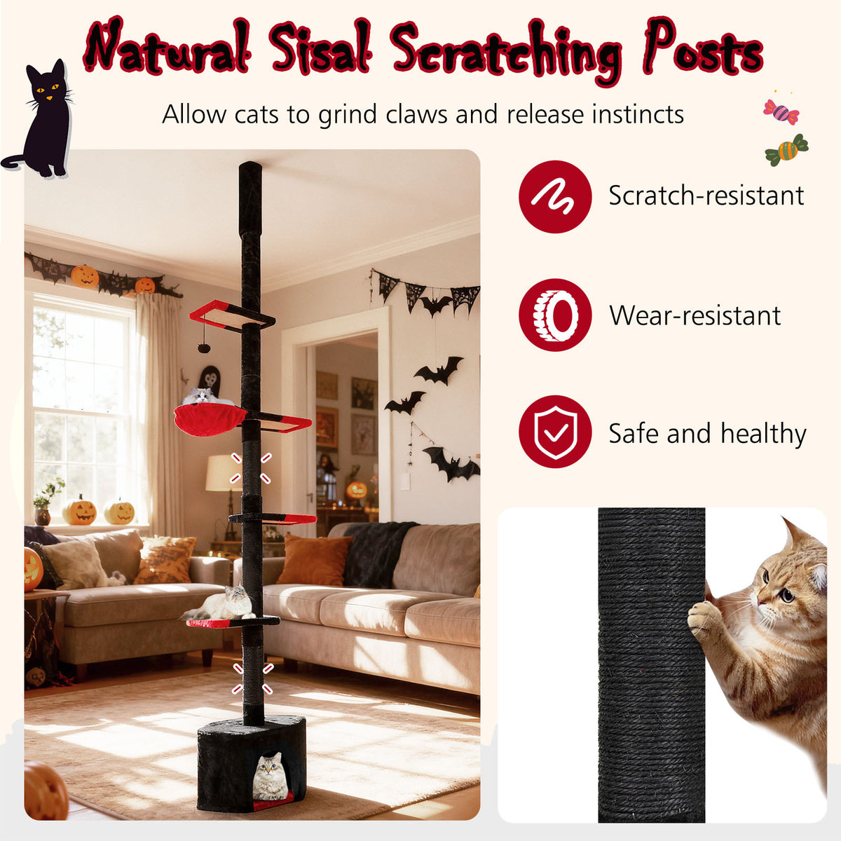 Close-up of the natural sisal scratching posts on the gothic cat tree